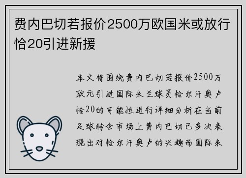 费内巴切若报价2500万欧国米或放行恰20引进新援 费内巴切若报价2500万欧国米或放行恰20引进新援