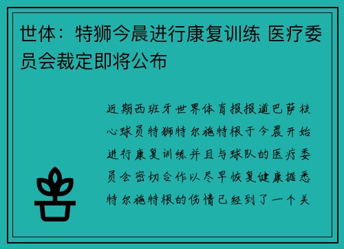 世体:特狮今晨进行康复训练 医疗委员会裁定即将公布 世体:特狮今晨进行康复训练 医疗委员会裁定即将公布